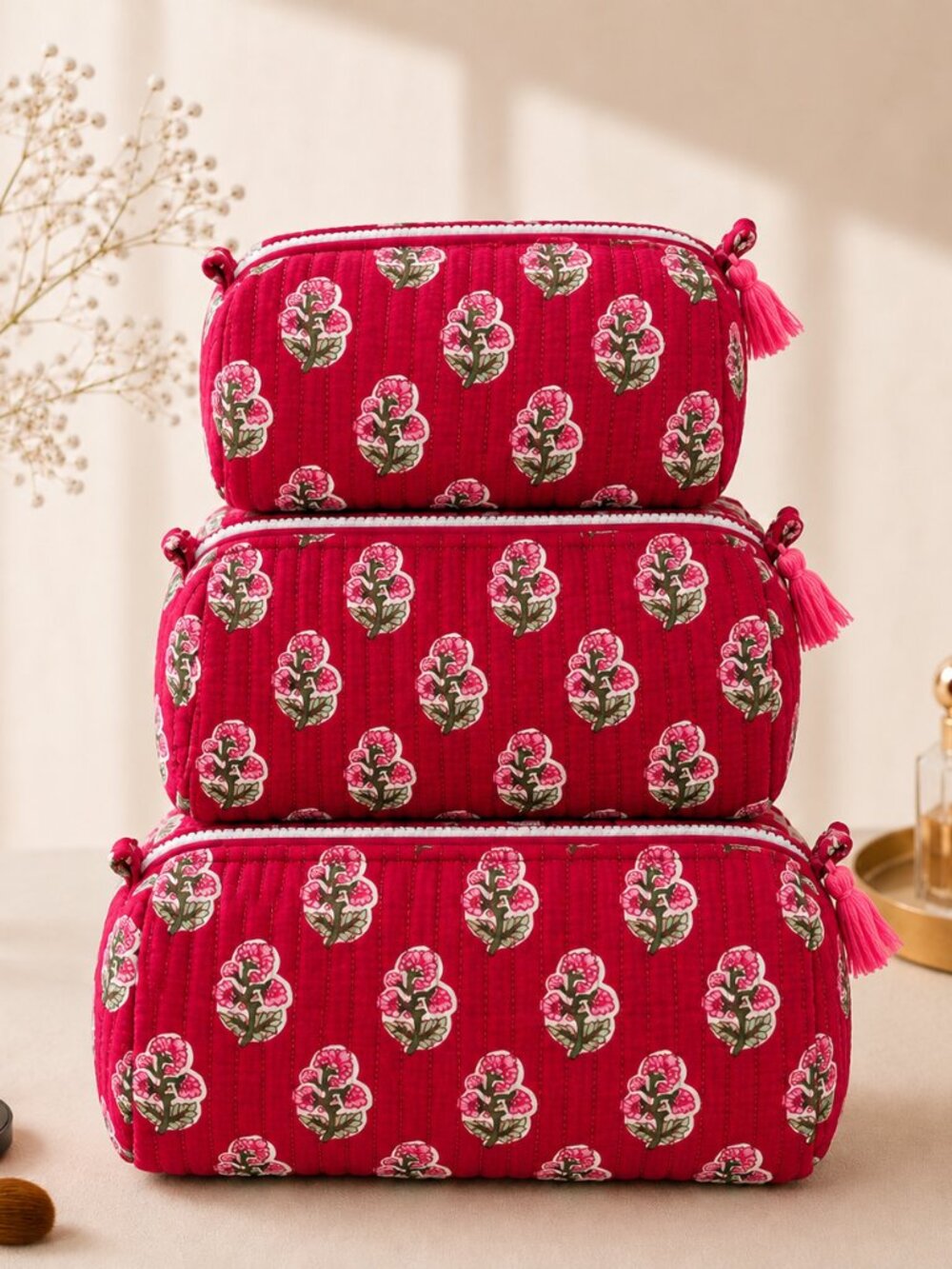 Set of 3 Maroon Red Floral Block Print Cosmetic Bag Quilted Cotton Toiletry Bag